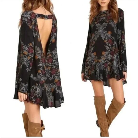 Free People Dresses & Skirts - Free People Dress Womens Small Black Floral Smooth Talker Tunic Open Back Boho
